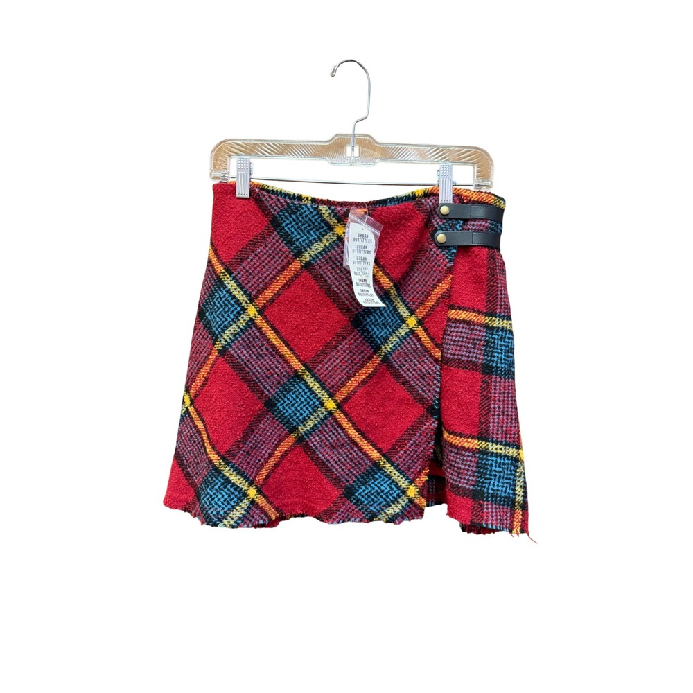 NWT Urban Outfitters Red Plaid Wrap Mini Skirt Frayed Hem Leather Straps Large